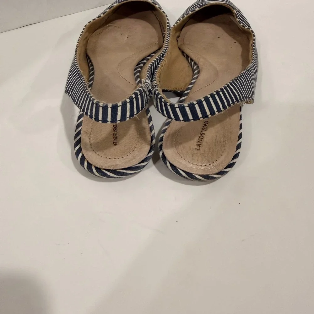 Lands End Navy White Striped Slingback Pointed Toe Flats Shoes 8B 440739